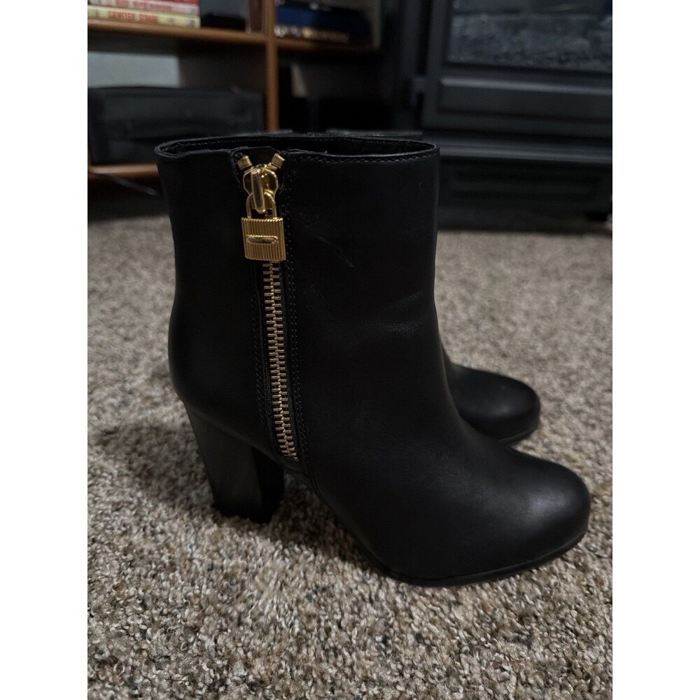 Michael Kors Black Leather Ankle Booties Women’s 6M Gold Zipper Block Heel